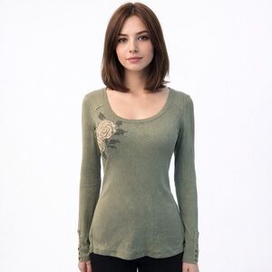 Decree Y2K Thermal Top Lace Embroidery Medium Cottage Core Henley Bella